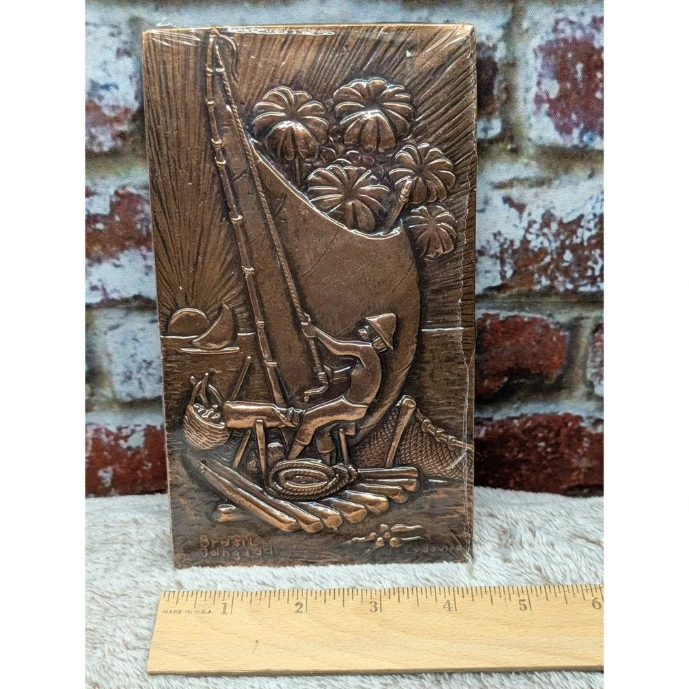 VTG Ludovico Brasil Jangada Embossed Copper Wall Plaque Fisherman Boat Artwork